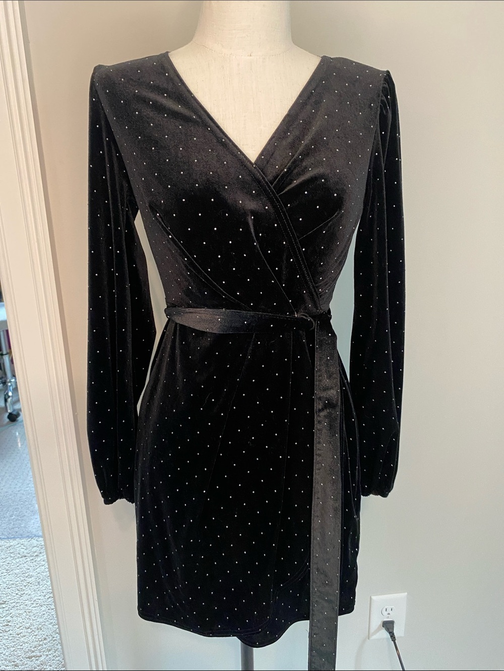 Black Velvet Wrap Dress with Rhinestone Dots